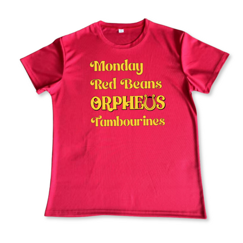 Red T-Shirt Adult HD Cotton™ T-Shirt with Gold "Monday. Red Beans. Orpheus. Tambourines." (4 pieces)
