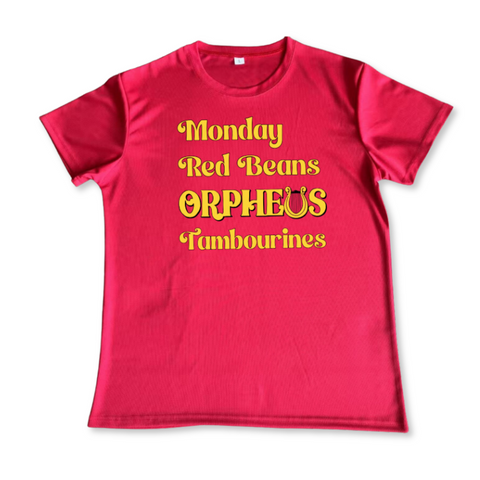 Red T-Shirt Adult HD Cotton™ T-Shirt with Gold  "Monday. Red Beans. Orpheus. Tambourines." (4 pieces)